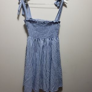 Rebellion Again Midi Dress Shoulder Ties Elastic Top Blue White Pinstripe Large